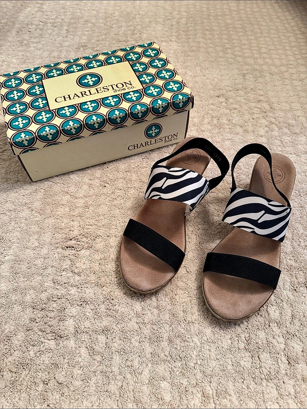 Charleston Shoe Co. Cooper. Zebra Wedge Sandals US 8 Black & White